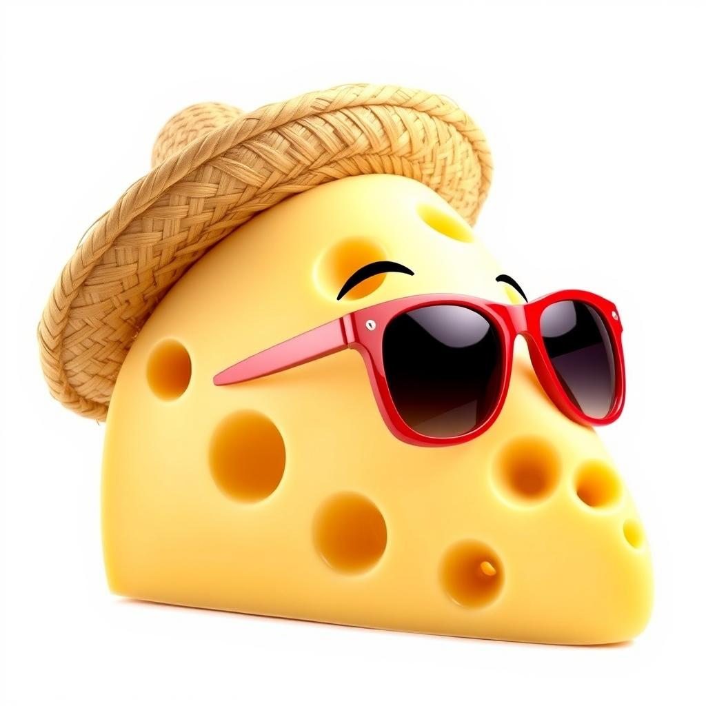 A large wedge of Swiss cheese, showcasing its characteristic holes, styled to embody a fun and playful character
