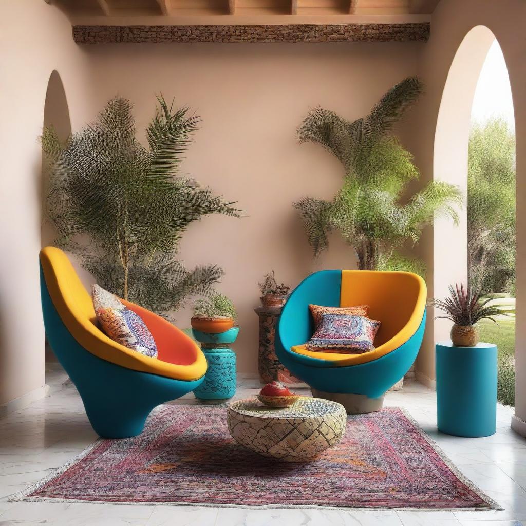 Two chairs amid a modern Arabic setting brimming with vibrant colors, enhanced by a selection of contemporary plants that complement the decor.