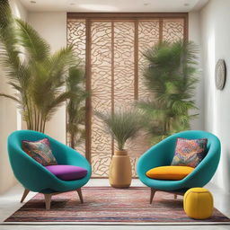 Two chairs amid a modern Arabic setting brimming with vibrant colors, enhanced by a selection of contemporary plants that complement the decor.