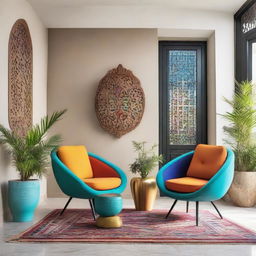 Two chairs amid a modern Arabic setting brimming with vibrant colors, enhanced by a selection of contemporary plants that complement the decor.