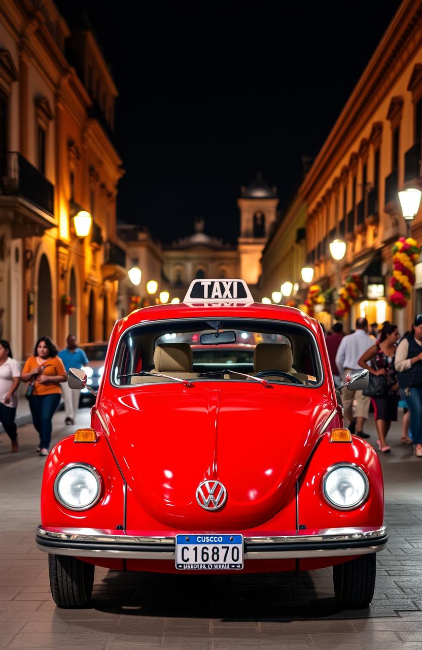 A front view of a red Volkswagen taxi at night in the city of Cusco, Peru in 1990