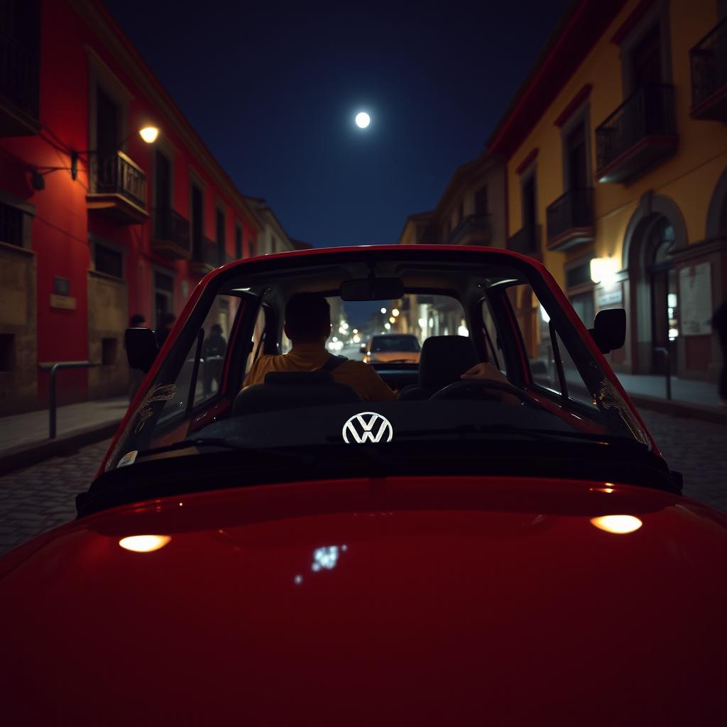 A front view of a red Volkswagen taxi driver seen at night in a darkened version of the city of Cusco, Peru in 1990