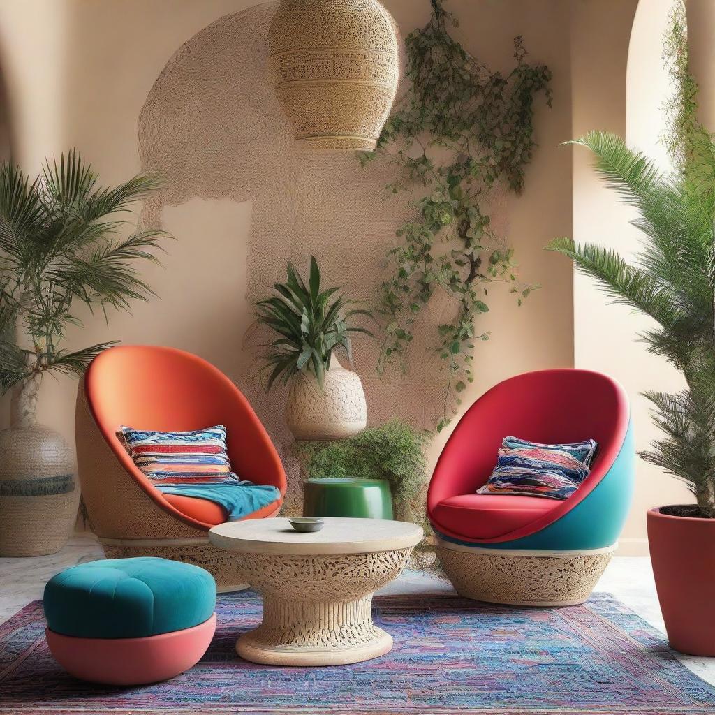 Two chairs amid a modern Arabic setting brimming with vibrant colors, enhanced by a selection of contemporary plants that complement the decor.