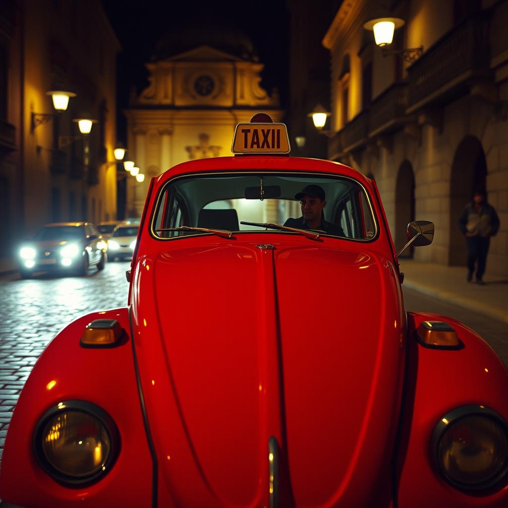 A front view of a vintage red Volkswagen taxi driver seen at night in a darkened version of the city of Cusco, Peru in 1990
