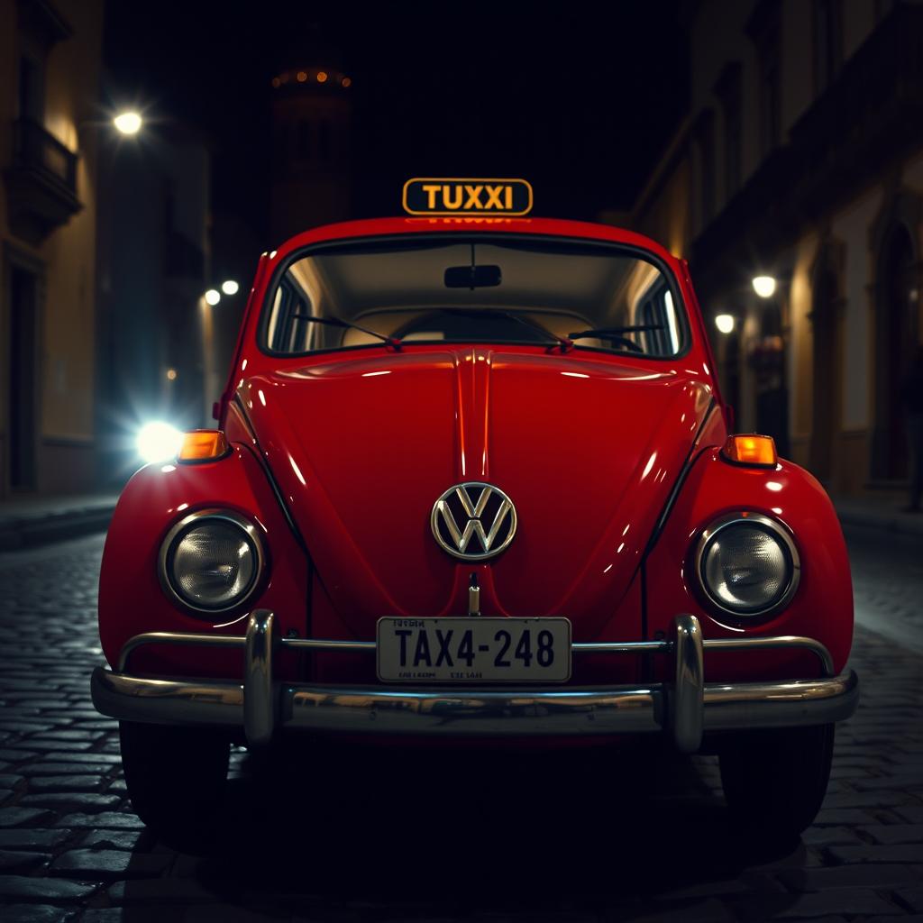 A front view of an antique red Volkswagen taxi with its lights on, set against a dark night in Cusco, Peru in 1990