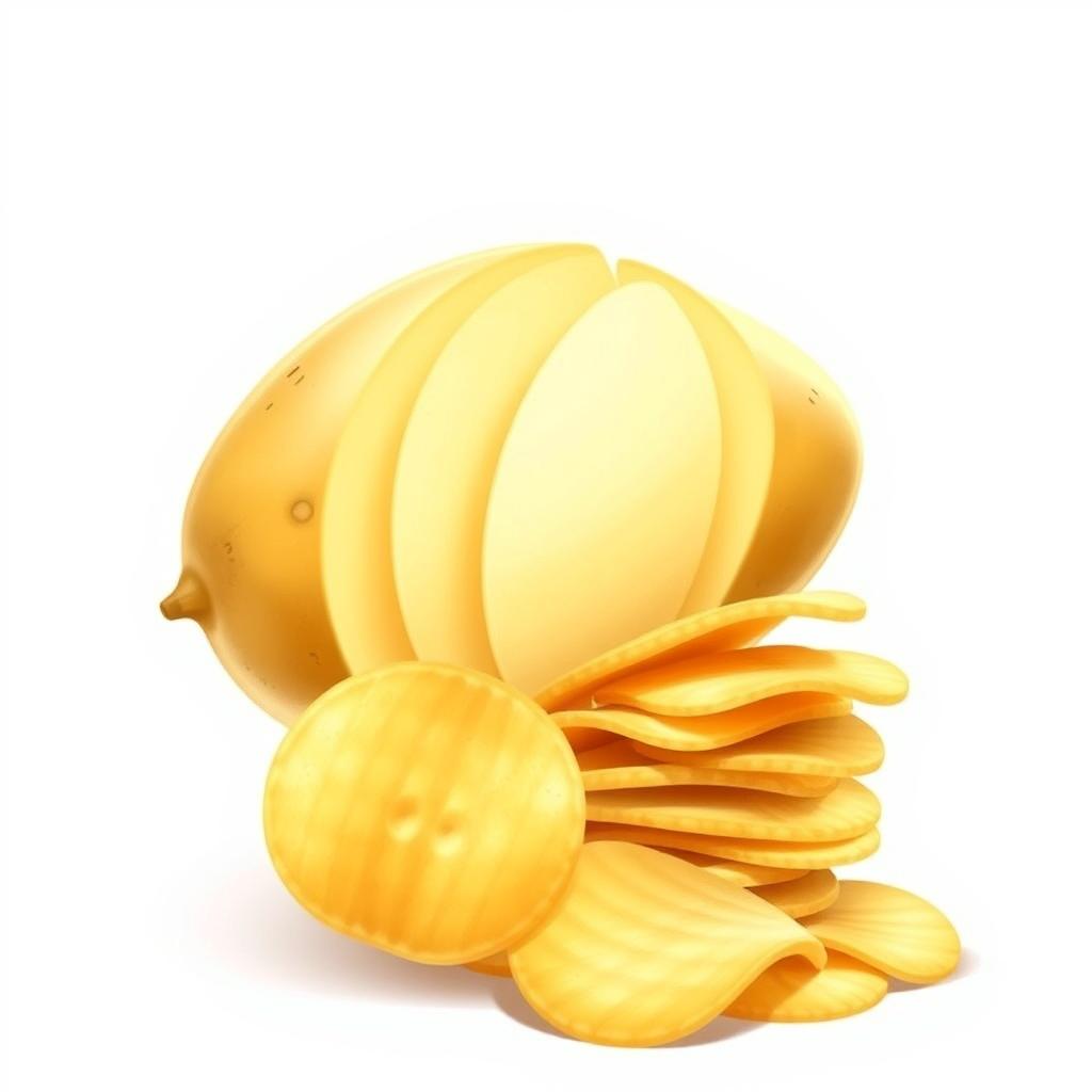 A realistic digital illustration depicting a potato transforming into potato chips