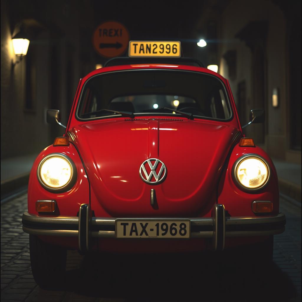 A front view of an antique red Volkswagen taxi with its lights on, set in a dark night in Cusco, Peru in 1990