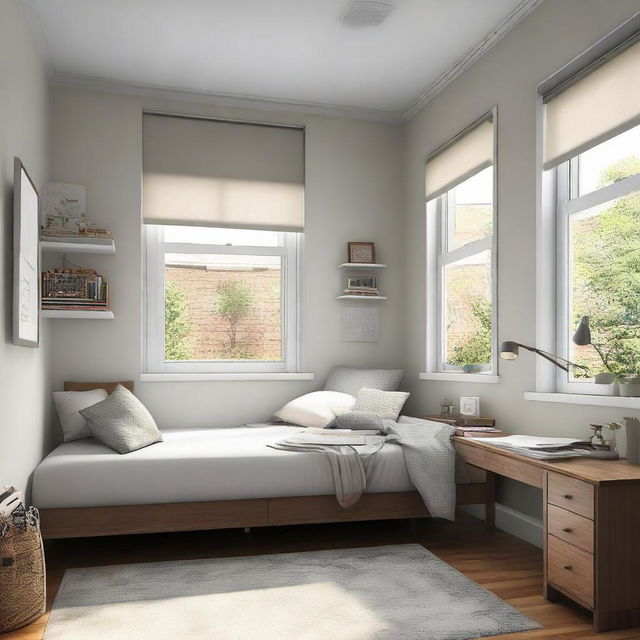 A 10x14 room featuring a large window, a comfortable bed, and a study table positioned for optimal lighting.