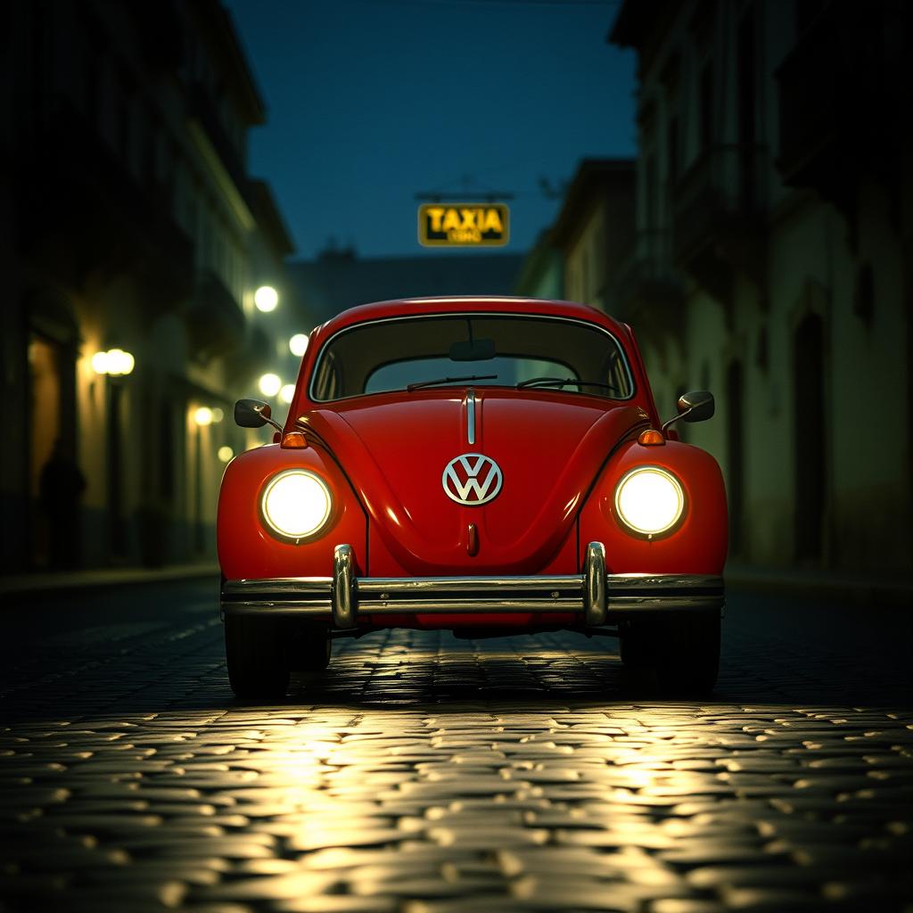 A front view of an antique red Volkswagen taxi illuminated by its headlights in a dark night setting within the city of Cusco, Peru, in 1990