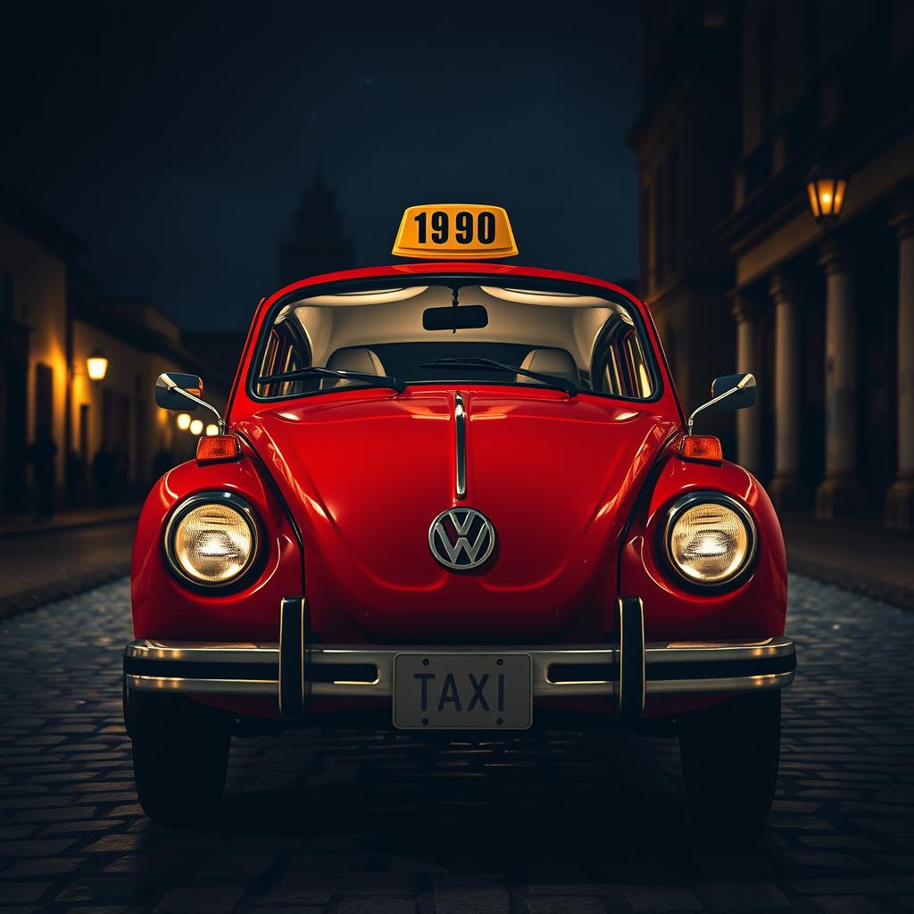 A captivating front view of a vintage red Volkswagen taxi from 1990, positioned in a dark night setting in the city of Cusco, Peru
