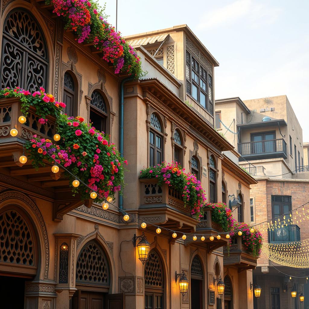 A digital rendering of multiple buildings in the old city of Sana'a, Yemen, showcasing traditional Yemeni architectural details with intricate carvings and vibrant floral patterns