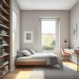 A 10x14 room featuring a large window, a comfortable bed, and a study table positioned for optimal lighting.