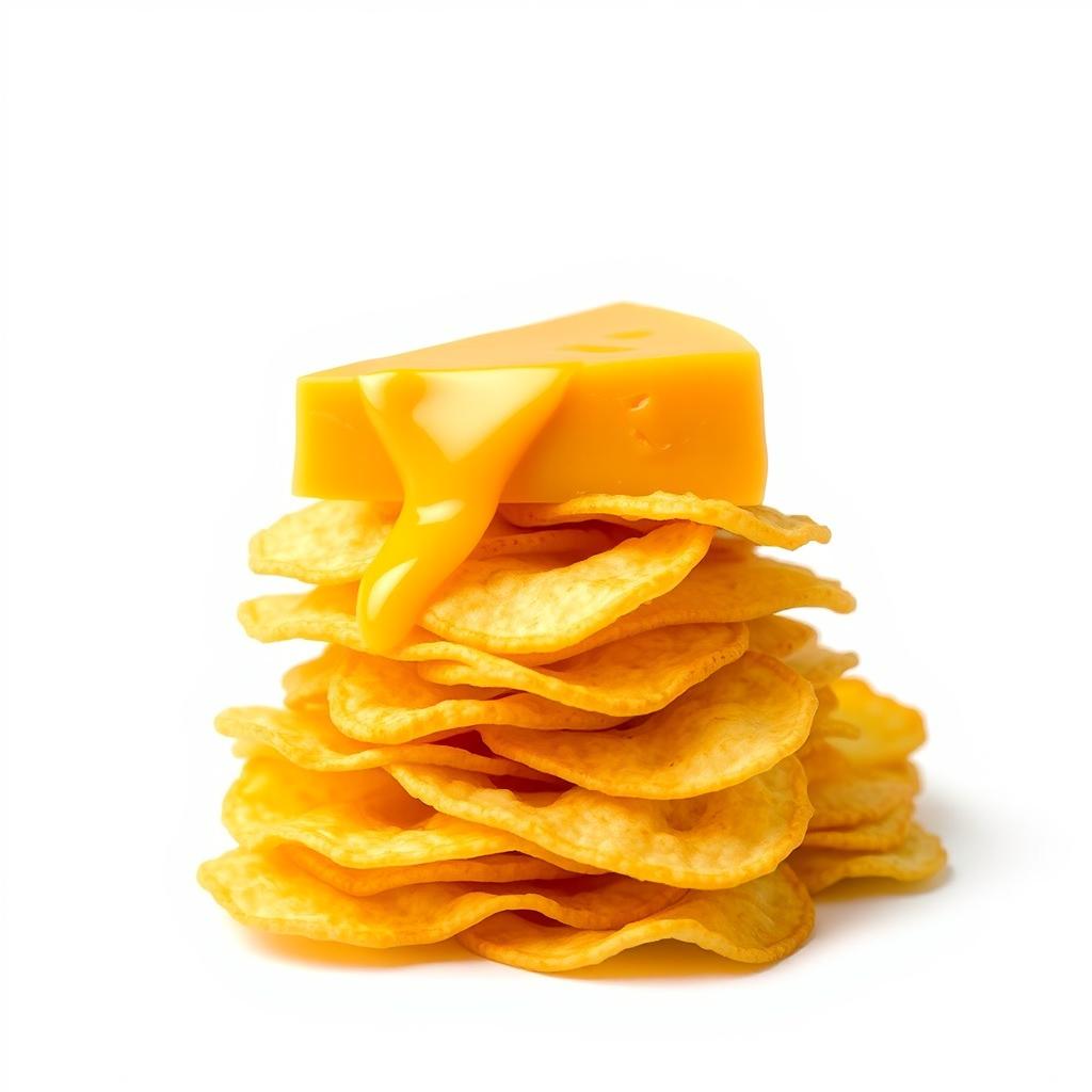A visually appealing arrangement of stacked potato chips with a wedge of Orange Swiss cheese placed on top