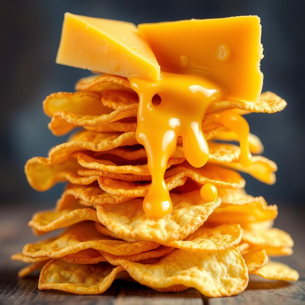 A delicious arrangement showcasing a full view of stacked crispy potato chips, with wedges of orange Swiss cheese placed beautifully above the stacks