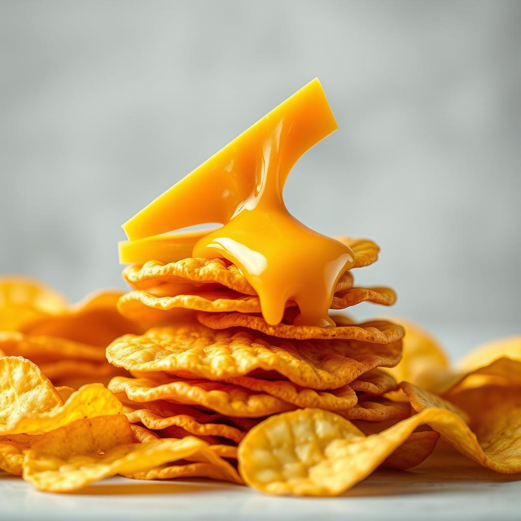 A delicious scene featuring a full view of stacked crispy potato chips, with wedges of orange Swiss cheese floating gracefully above the stacks