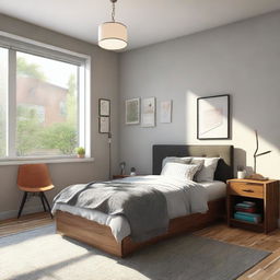 A 10x14 room featuring a large window, a comfortable bed, and a study table positioned for optimal lighting.