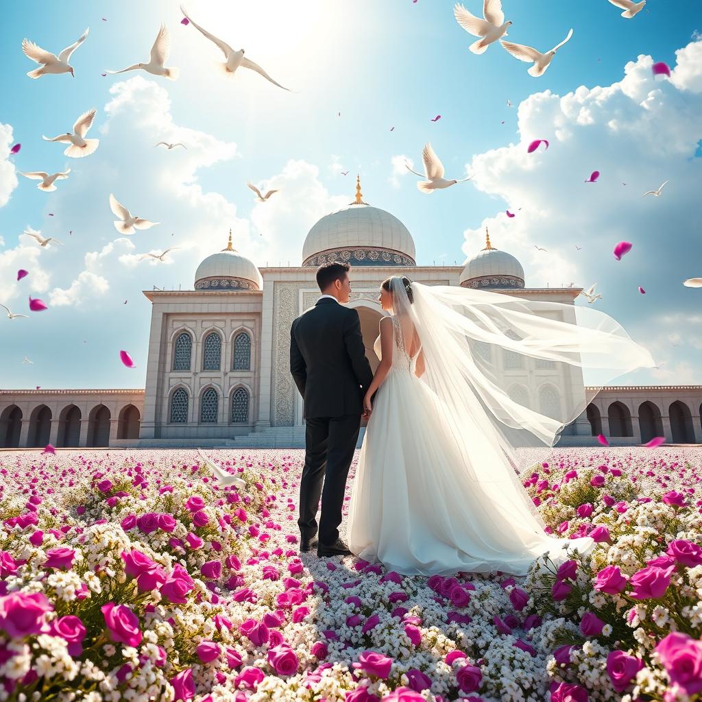 A realistic image of a bride and groom standing in front of the shrine of Imam Hussein with their backs to the camera, gazing at each other