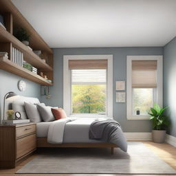 A 10x14 room featuring a large window, a comfortable bed, and a study table positioned for optimal lighting.