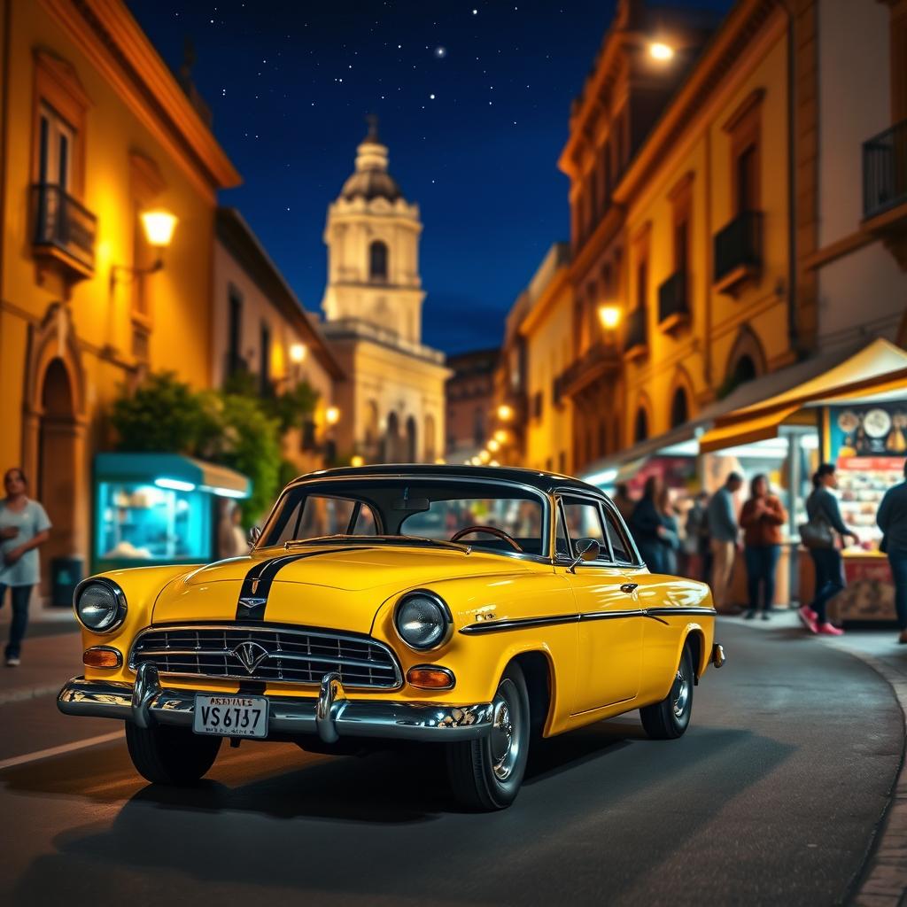 A vibrant night scene featuring a classic yellow car with a black stripe driving through the charming streets of Cusco, Peru