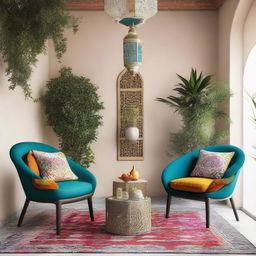 Two chairs surrounded by a modern Arabic scene rich in vibrant colors and adorned with contemporary plants that accentuate the vivid decor.