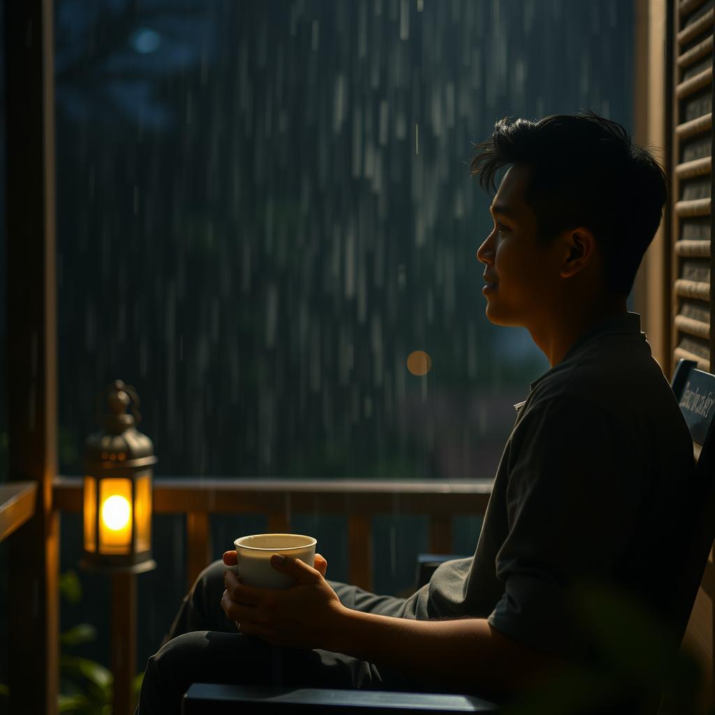 A young Indonesian man sitting alone on the veranda of his house at night, gazing at the gentle rain falling outside