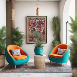 Two chairs surrounded by a modern Arabic scene rich in vibrant colors and adorned with contemporary plants that accentuate the vivid decor.