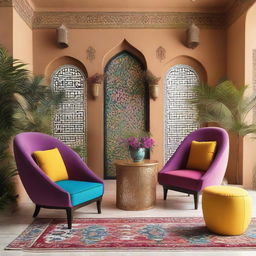 Two chairs surrounded by a modern Arabic scene rich in vibrant colors and adorned with contemporary plants that accentuate the vivid decor.