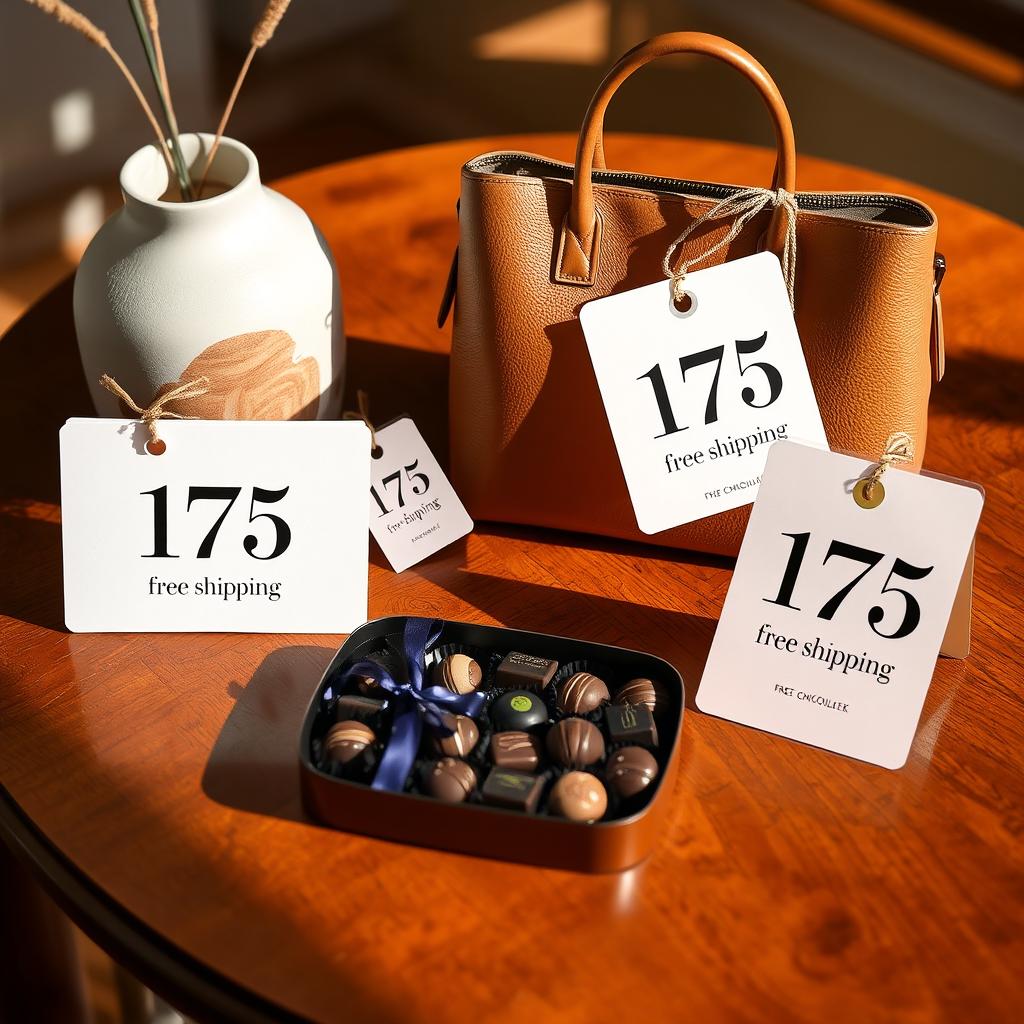 An array of product items displayed on a beautiful wooden table, each with a stylish price tag attached