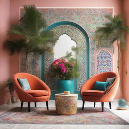 Two chairs surrounded by a modern Arabic scene rich in vibrant colors and adorned with contemporary plants that accentuate the vivid decor.