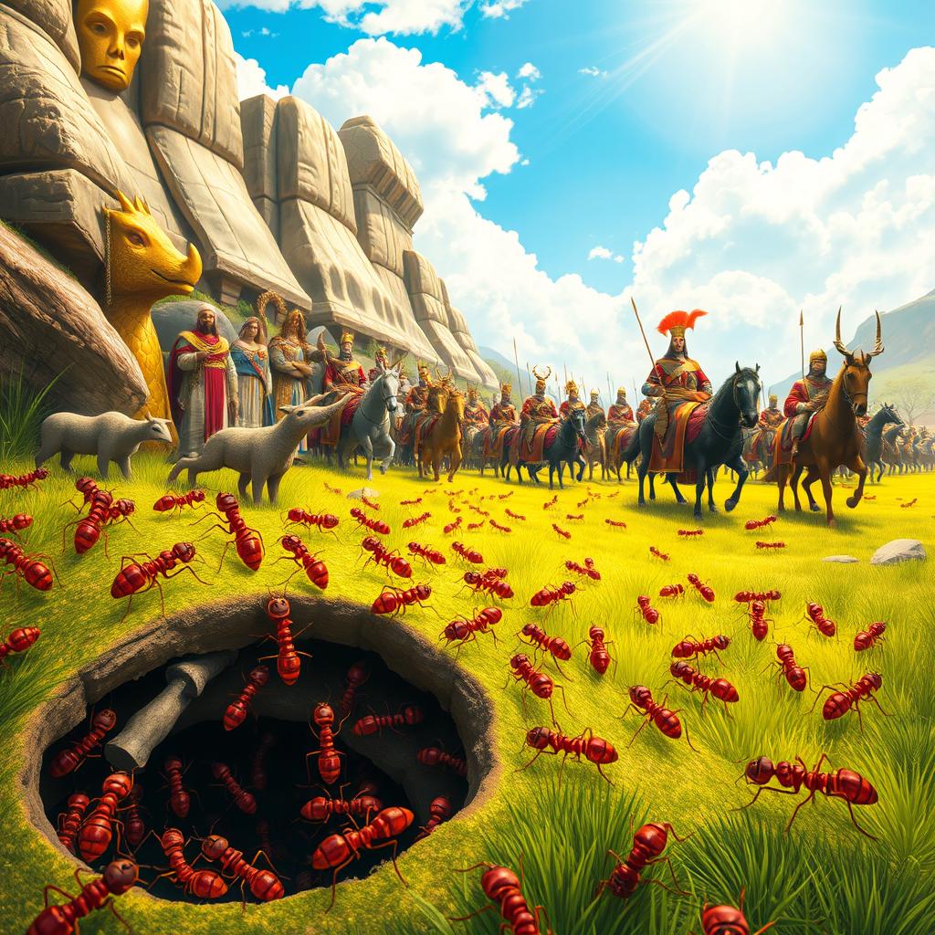 A vibrant and detailed scene depicting an ant colony near the army of Prophet Solomon