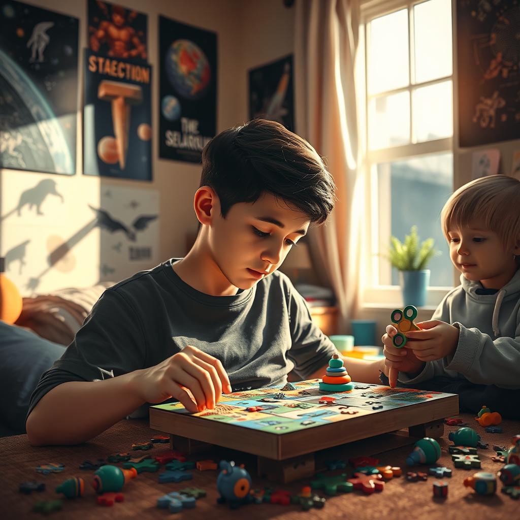 A heartfelt depiction of the daily life of an autistic individual, showing them engaged in various activities that highlight their unique perspective and experiences