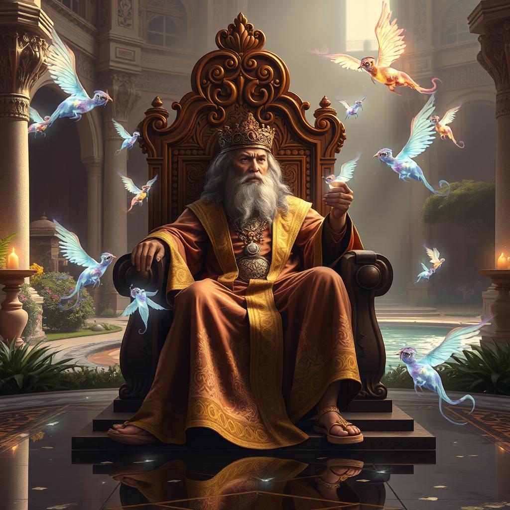A majestic scene depicting a wise figure resembling King Solomon, dressed in regal, flowing robes adorned with intricate golden patterns, sitting on a grand throne made of beautifully carved wood
