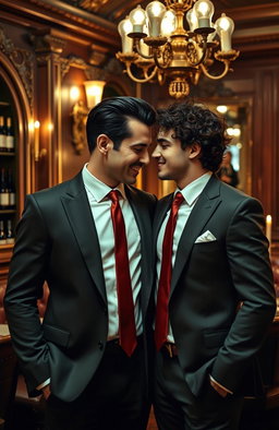 A suave mafia gay couple, dressed in tailored suits with matching ties, standing confidently in an ornate, dimly lit Italian restaurant