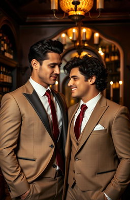 A suave mafia gay couple, dressed in tailored suits with matching ties, standing confidently in an ornate, dimly lit Italian restaurant