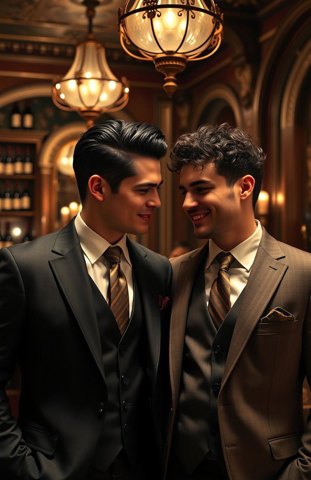 A suave mafia gay couple, dressed in tailored suits with matching ties, standing confidently in an ornate, dimly lit Italian restaurant