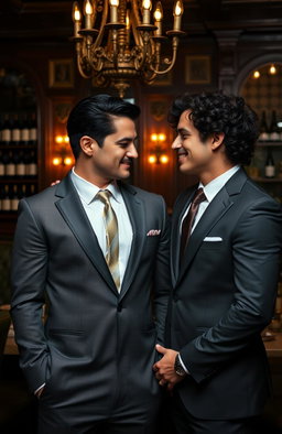A suave mafia gay couple, dressed in tailored suits with matching ties, standing confidently in an ornate, dimly lit Italian restaurant