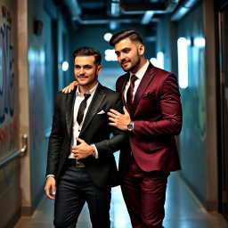 A stylish gay mafia couple exuding confidence, standing together in a sleek, modern setting