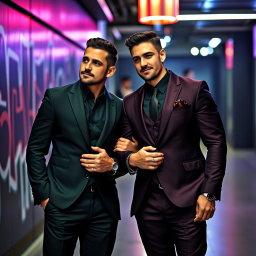 A stylish gay mafia couple exuding confidence, standing together in a sleek, modern setting