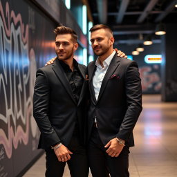 A stylish gay mafia couple exuding confidence, standing together in a sleek, modern setting