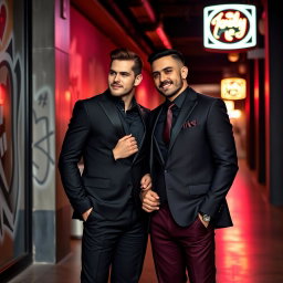 A stylish gay mafia couple exuding confidence, standing together in a sleek, modern setting