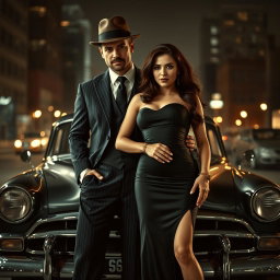 A dynamic mafia couple portrayed in a dramatic, moody atmosphere