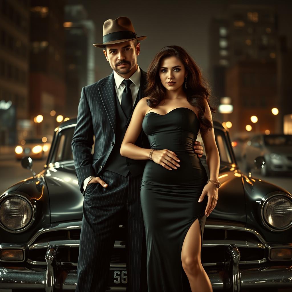 A dynamic mafia couple portrayed in a dramatic, moody atmosphere