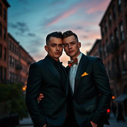 A powerful LGBT mafia couple depicted in a captivating outdoor setting under a twilight sky
