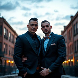 A powerful LGBT mafia couple depicted in a captivating outdoor setting under a twilight sky