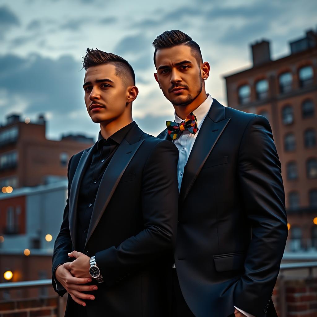 A powerful LGBT mafia couple depicted in a captivating outdoor setting under a twilight sky