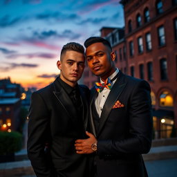 A powerful LGBT mafia couple depicted in a captivating outdoor setting under a twilight sky