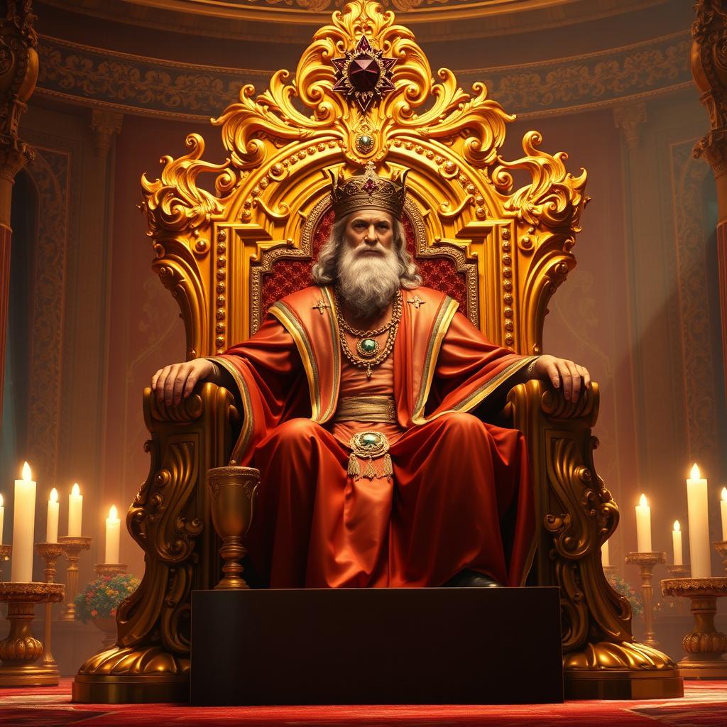 A majestic scene featuring a golden throne intricately carved and adorned with exquisite gemstones