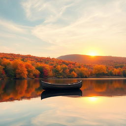 A serene autumn landscape featuring a tranquil lake surrounded by vibrant fall foliage in hues of orange, red, and yellow