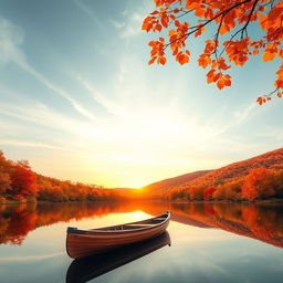 A serene autumn landscape featuring a tranquil lake surrounded by vibrant fall foliage in hues of orange, red, and yellow