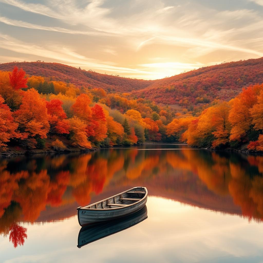 A serene autumn landscape featuring a tranquil lake surrounded by vibrant fall foliage in hues of orange, red, and yellow